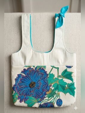 Handmade Floral Tote Bag With Teal Bow Detail